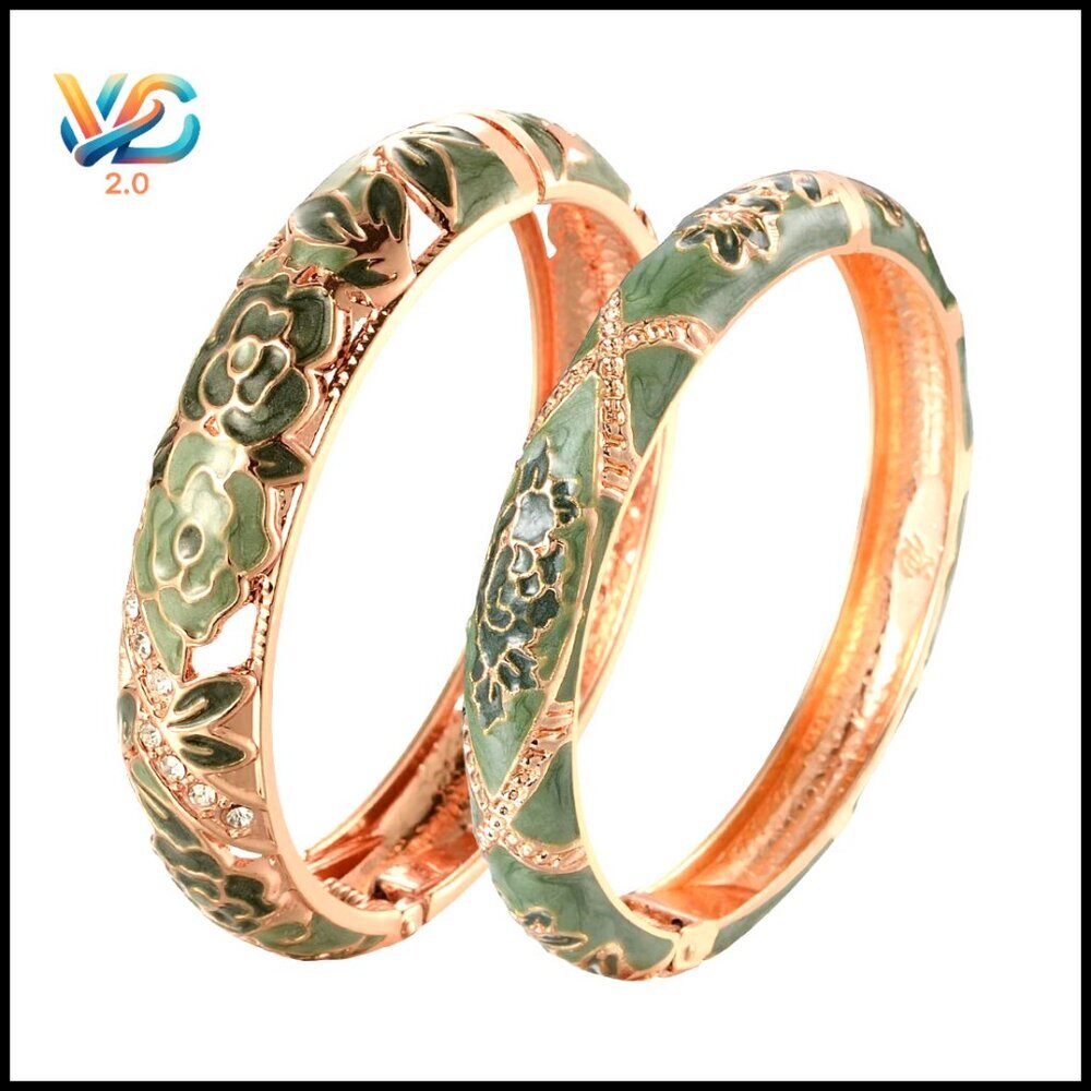 Vintage‎ Cloisonne Enamel Rhinestone Rose Hinged Cuff Bracelet Set Elegant